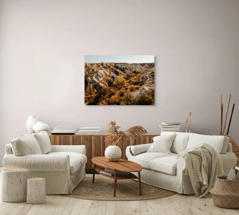 Tablou Canvas, "Peisaj de toamnă în Cappadocia", Peisaj, Rocă, Vegetație, Toamnă, Dealuri, Culoare, Natură, Sălbăticie, Pădure, Texturi, 100 x 70 cm – poza 3