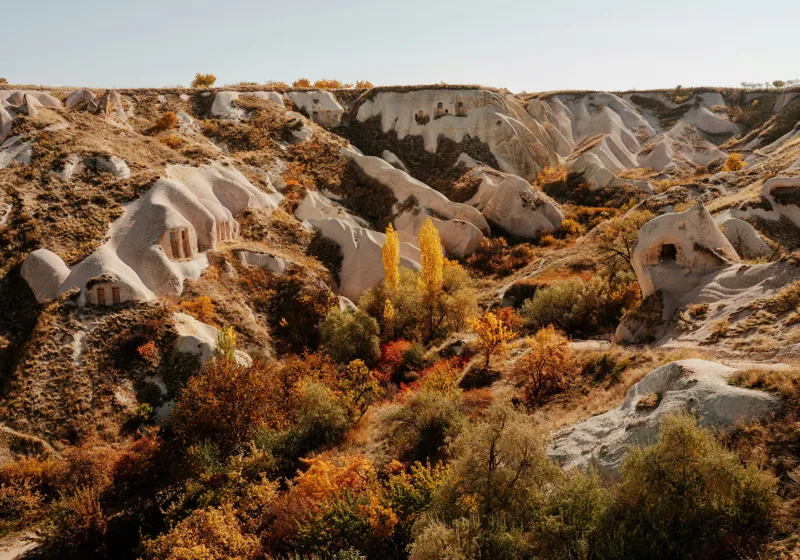 Tablou Canvas, "Peisaj de toamnă în Cappadocia", Peisaj, Rocă, Vegetație, Toamnă, Dealuri, Culoare, Natură, Sălbăticie, Pădure, Texturi, 100 x 70 cm – poza 2