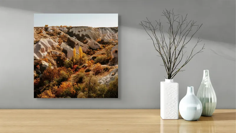 Tablou Canvas, "Peisaj de toamnă în Cappadocia", Peisaj, Rocă, Vegetație, Toamnă, Dealuri, Culoare, Natură, Sălbăticie, Pădure, Texturi, 50 x 50 cm – poza 3