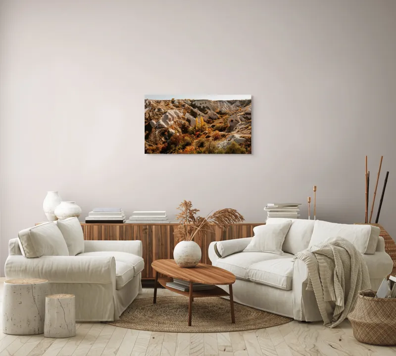Tablou Canvas, "Peisaj de toamnă în Cappadocia", Peisaj, Rocă, Vegetație, Toamnă, Dealuri, Culoare, Natură, Sălbăticie, Pădure, Texturi, 90 x 50 cm – poza 4
