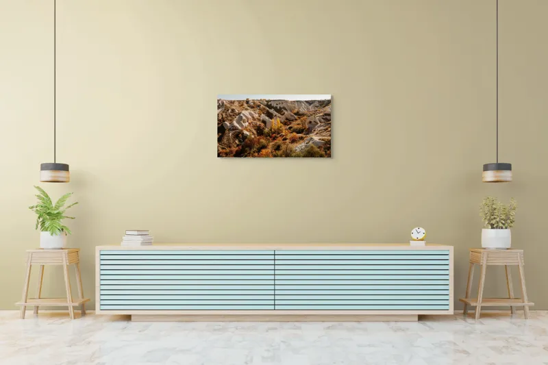 Tablou Canvas, "Peisaj de toamnă în Cappadocia", Peisaj, Rocă, Vegetație, Toamnă, Dealuri, Culoare, Natură, Sălbăticie, Pădure, Texturi, 90 x 50 cm – poza 5