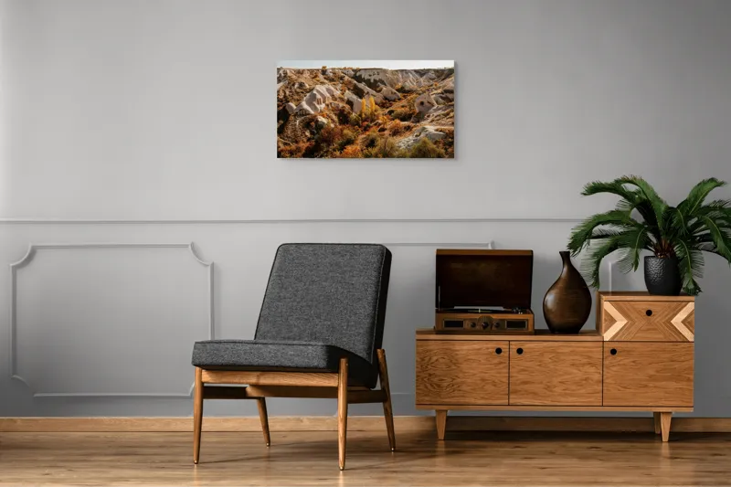 Tablou Canvas, "Peisaj de toamnă în Cappadocia", Peisaj, Rocă, Vegetație, Toamnă, Dealuri, Culoare, Natură, Sălbăticie, Pădure, Texturi, 90 x 50 cm – poza 6