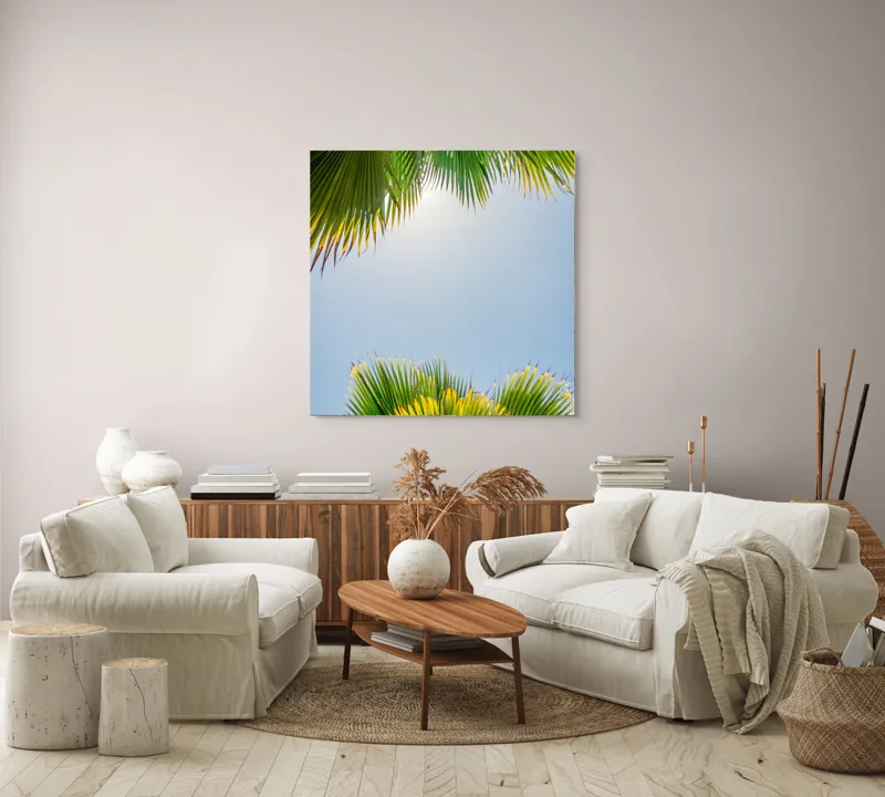 Tablou Canvas, "Frunzele palmierului in lumina soarelui", Frunze, Palmieri, Cer, Senin, Soare, Verde, Lumina, Vara, Tropical, Relaxare, 100 x 100 cm – poza 3