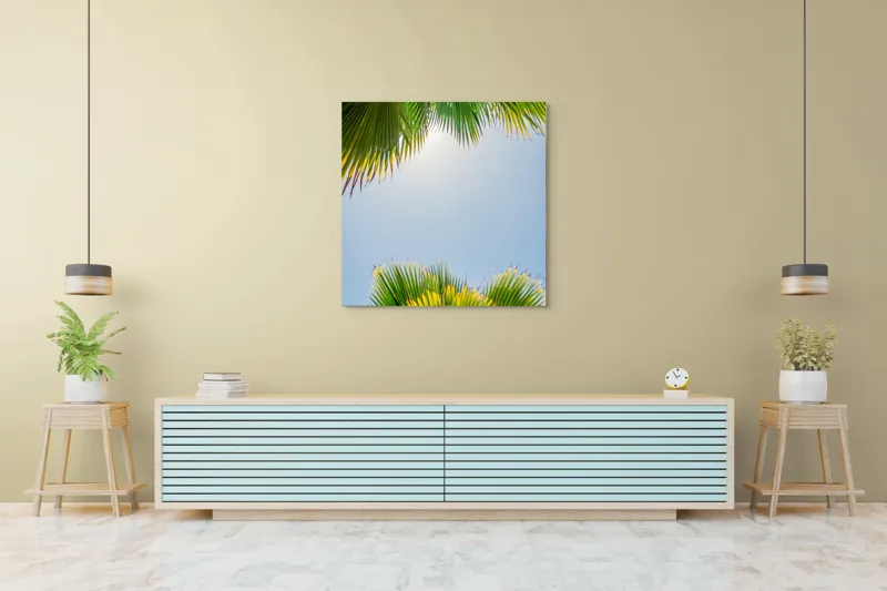 Tablou Canvas, "Frunzele palmierului in lumina soarelui", Frunze, Palmieri, Cer, Senin, Soare, Verde, Lumina, Vara, Tropical, Relaxare, 100 x 100 cm – poza 5