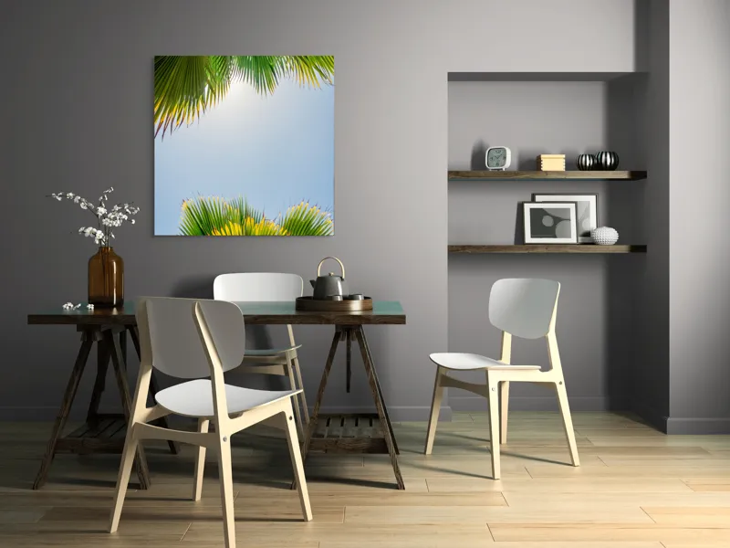 Tablou Canvas, "Frunzele palmierului in lumina soarelui", Frunze, Palmieri, Cer, Senin, Soare, Verde, Lumina, Vara, Tropical, Relaxare, 100 x 100 cm – poza 6