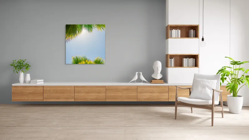 Tablou Canvas, "Frunzele palmierului in lumina soarelui", Frunze, Palmieri, Cer, Senin, Soare, Verde, Lumina, Vara, Tropical, Relaxare, 100 x 100 cm – poza 8