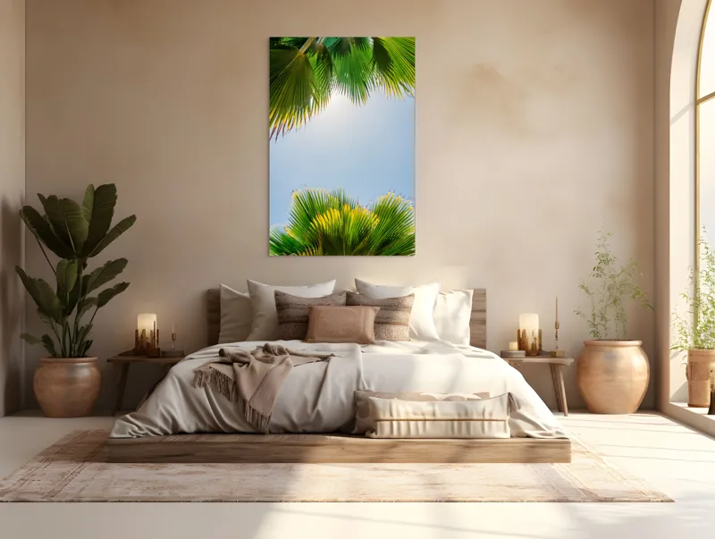 Tablou Canvas, "Frunzele palmierului in lumina soarelui", Frunze, Palmieri, Cer, Senin, Soare, Verde, Lumina, Vara, Tropical, Relaxare, 100 x 150 cm – poza 3
