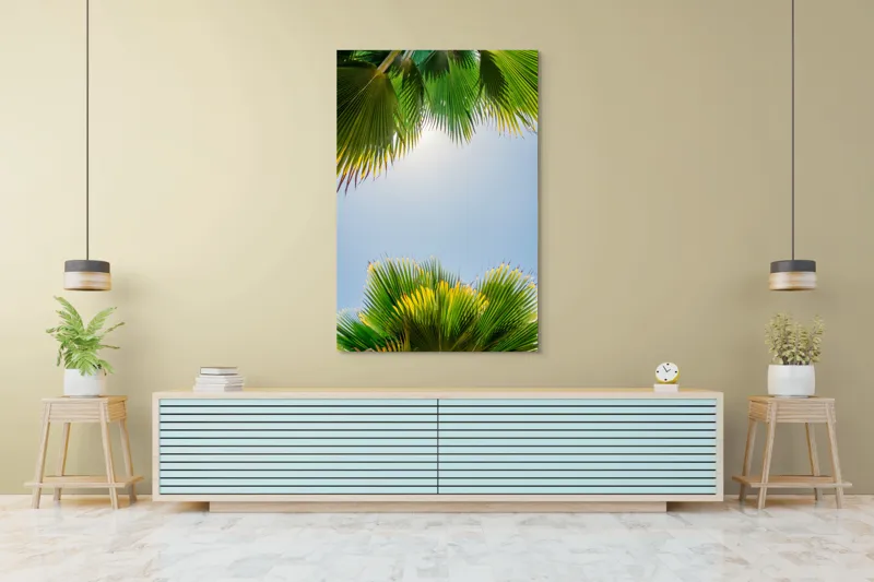 Tablou Canvas, "Frunzele palmierului in lumina soarelui", Frunze, Palmieri, Cer, Senin, Soare, Verde, Lumina, Vara, Tropical, Relaxare, 100 x 150 cm – poza 4