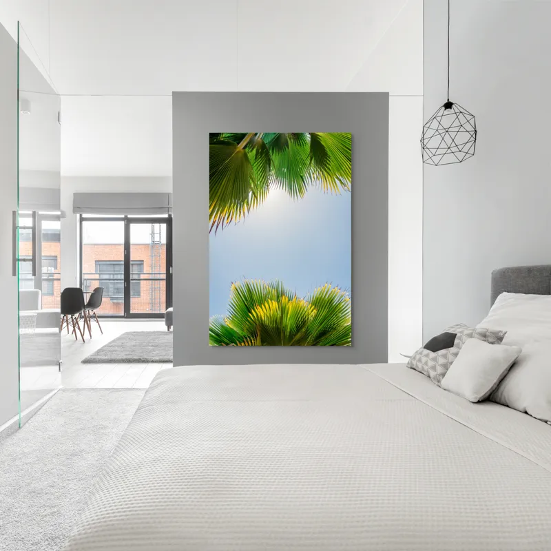 Tablou Canvas, "Frunzele palmierului in lumina soarelui", Frunze, Palmieri, Cer, Senin, Soare, Verde, Lumina, Vara, Tropical, Relaxare, 100 x 150 cm – poza 5