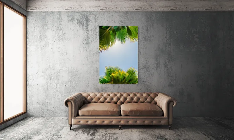 Tablou Canvas, "Frunzele palmierului in lumina soarelui", Frunze, Palmieri, Cer, Senin, Soare, Verde, Lumina, Vara, Tropical, Relaxare, 100 x 150 cm – poza 6