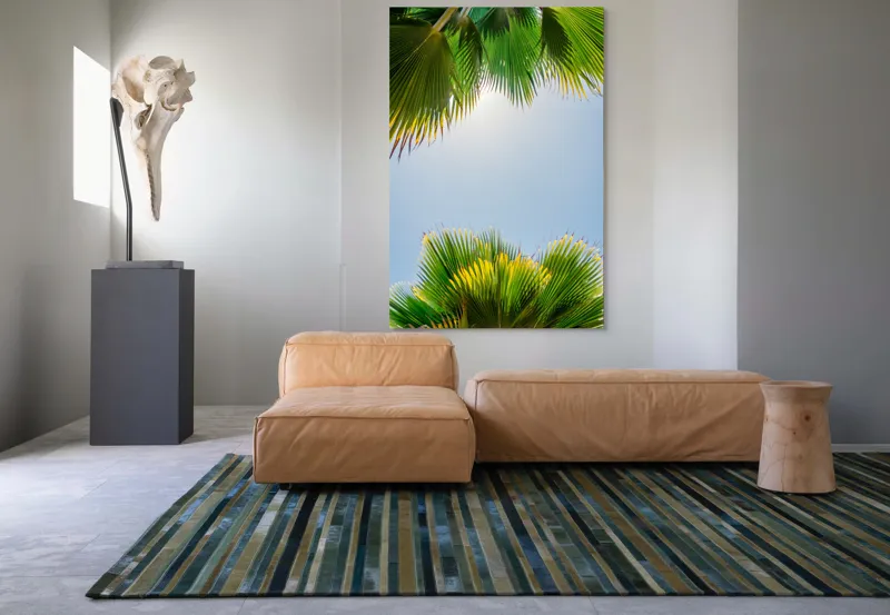 Tablou Canvas, "Frunzele palmierului in lumina soarelui", Frunze, Palmieri, Cer, Senin, Soare, Verde, Lumina, Vara, Tropical, Relaxare, 100 x 150 cm – poza 7