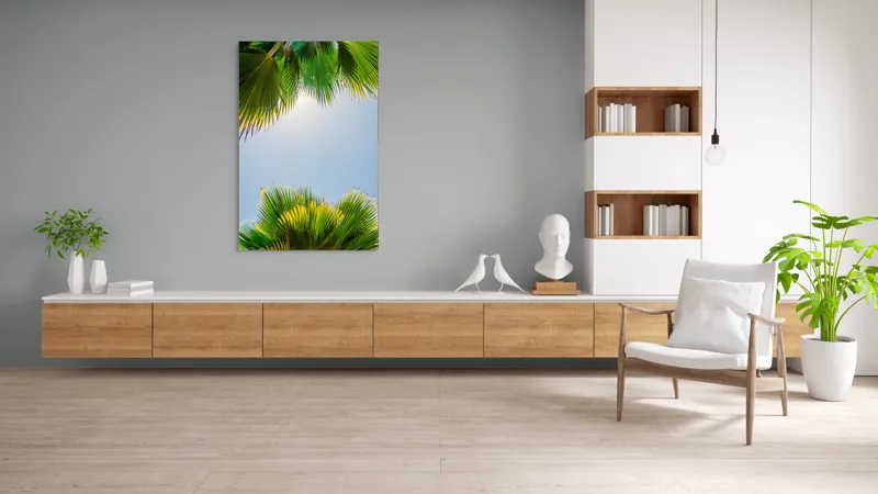 Tablou Canvas, "Frunzele palmierului in lumina soarelui", Frunze, Palmieri, Cer, Senin, Soare, Verde, Lumina, Vara, Tropical, Relaxare, 100 x 150 cm – poza 8