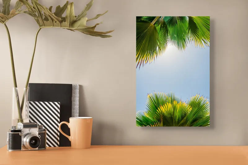 Tablou Canvas, "Frunzele palmierului in lumina soarelui", Frunze, Palmieri, Cer, Senin, Soare, Verde, Lumina, Vara, Tropical, Relaxare, 26 x 39 cm – poza 3