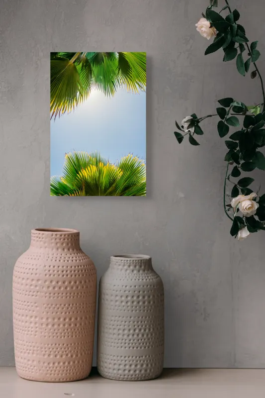 Tablou Canvas, "Frunzele palmierului in lumina soarelui", Frunze, Palmieri, Cer, Senin, Soare, Verde, Lumina, Vara, Tropical, Relaxare, 26 x 39 cm – poza 6