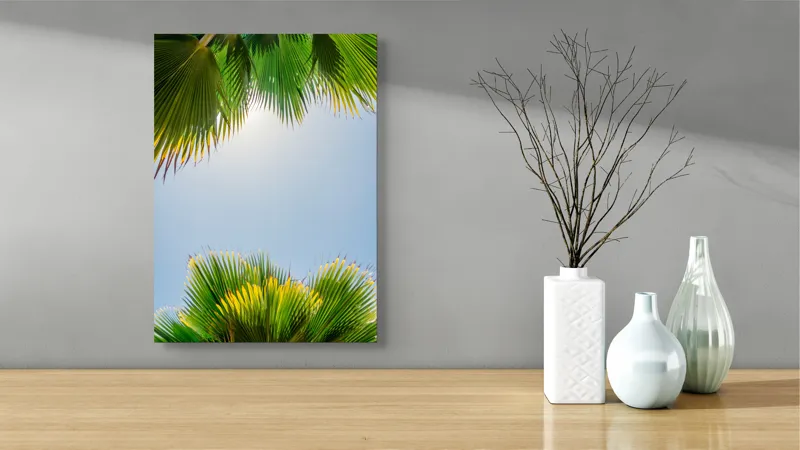 Tablou Canvas, "Frunzele palmierului in lumina soarelui", Frunze, Palmieri, Cer, Senin, Soare, Verde, Lumina, Vara, Tropical, Relaxare, 39 x 54 cm – poza 4