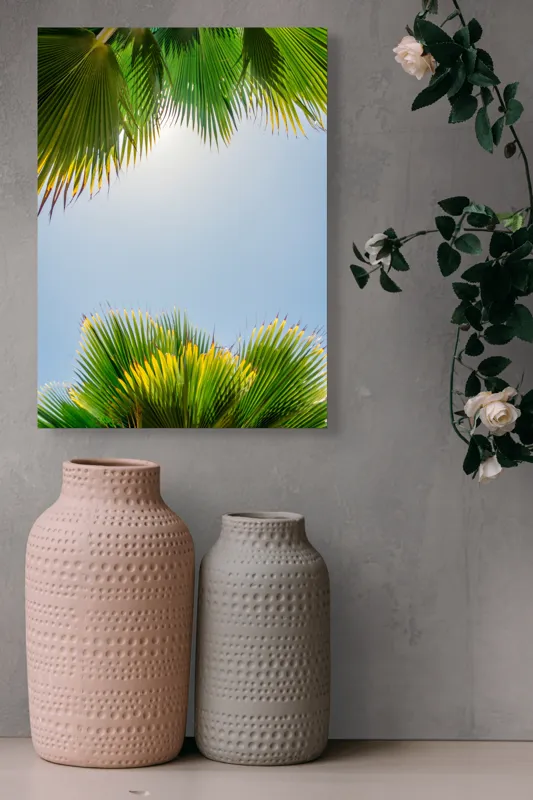 Tablou Canvas, "Frunzele palmierului in lumina soarelui", Frunze, Palmieri, Cer, Senin, Soare, Verde, Lumina, Vara, Tropical, Relaxare, 39 x 54 cm – poza 6