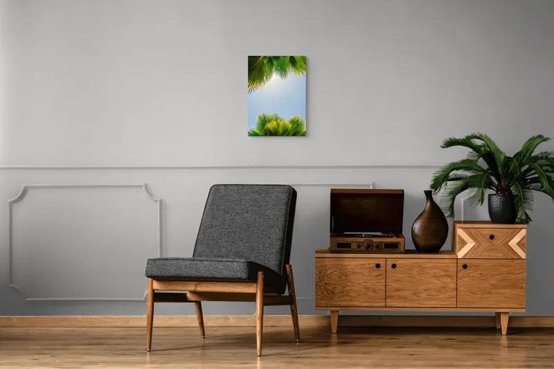 Tablou Canvas, "Frunzele palmierului in lumina soarelui", Frunze, Palmieri, Cer, Senin, Soare, Verde, Lumina, Vara, Tropical, Relaxare, 39 x 54 cm – poza 8