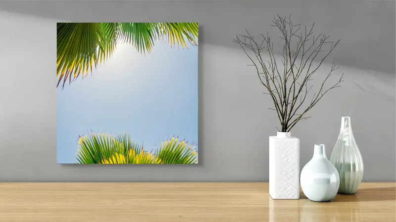 Tablou Canvas, "Frunzele palmierului in lumina soarelui", Frunze, Palmieri, Cer, Senin, Soare, Verde, Lumina, Vara, Tropical, Relaxare, 50 x 50 cm – poza 3
