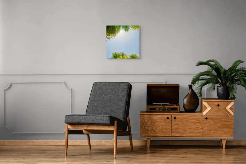Tablou Canvas, "Frunzele palmierului in lumina soarelui", Frunze, Palmieri, Cer, Senin, Soare, Verde, Lumina, Vara, Tropical, Relaxare, 50 x 50 cm – poza 6