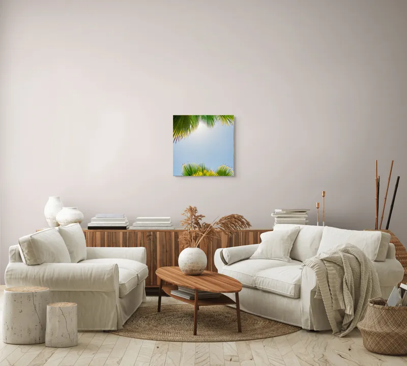 Tablou Canvas, "Frunzele palmierului in lumina soarelui", Frunze, Palmieri, Cer, Senin, Soare, Verde, Lumina, Vara, Tropical, Relaxare, 50 x 50 cm – poza 7