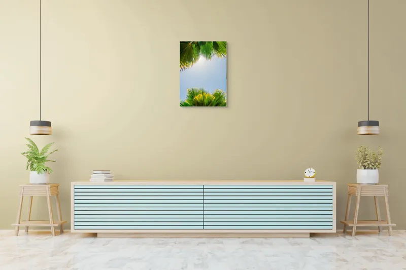 Tablou Canvas, "Frunzele palmierului in lumina soarelui", Frunze, Palmieri, Cer, Senin, Soare, Verde, Lumina, Vara, Tropical, Relaxare, 50 x 70 cm – poza 6