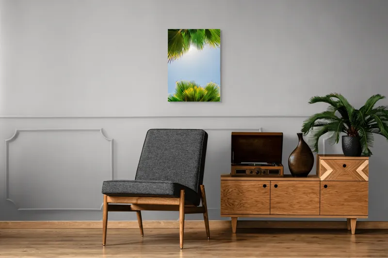 Tablou Canvas, "Frunzele palmierului in lumina soarelui", Frunze, Palmieri, Cer, Senin, Soare, Verde, Lumina, Vara, Tropical, Relaxare, 50 x 70 cm – poza 8