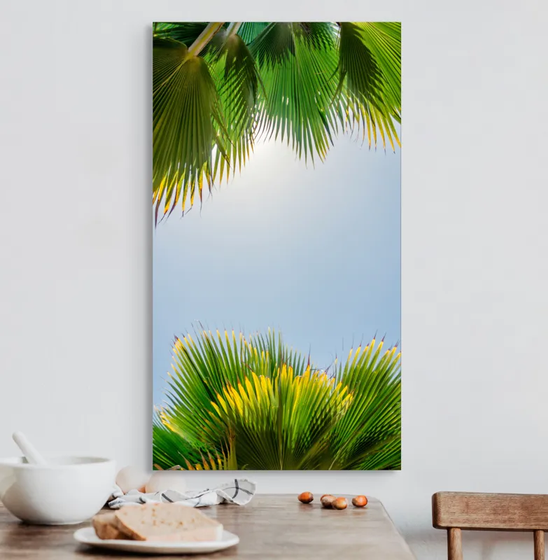 Tablou Canvas, "Frunzele palmierului in lumina soarelui", Frunze, Palmieri, Cer, Senin, Soare, Verde, Lumina, Vara, Tropical, Relaxare, 50 x 90 cm – poza 3