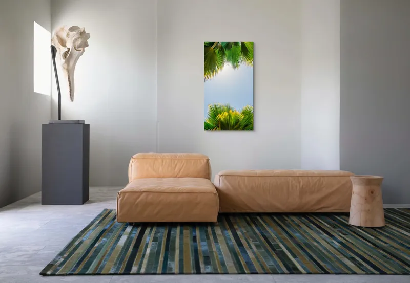 Tablou Canvas, "Frunzele palmierului in lumina soarelui", Frunze, Palmieri, Cer, Senin, Soare, Verde, Lumina, Vara, Tropical, Relaxare, 50 x 90 cm – poza 5