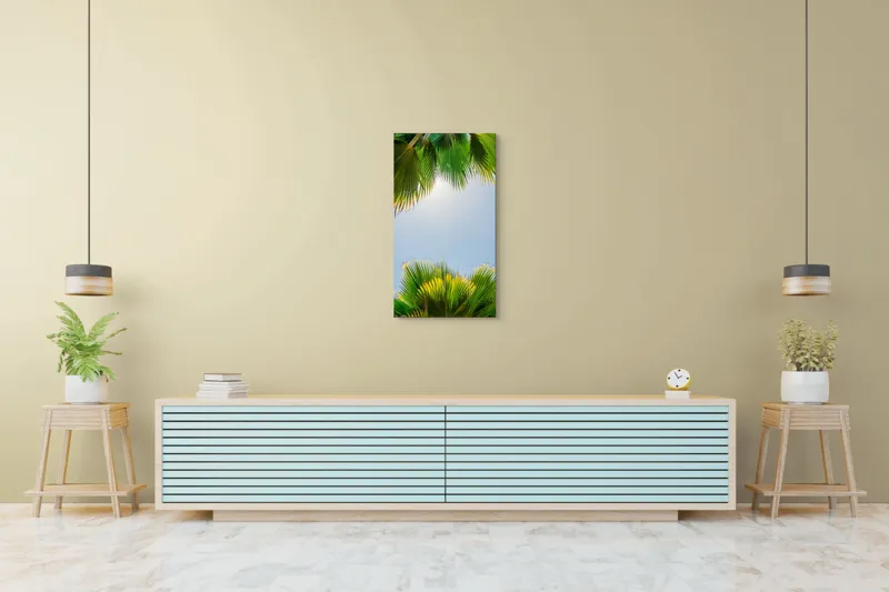 Tablou Canvas, "Frunzele palmierului in lumina soarelui", Frunze, Palmieri, Cer, Senin, Soare, Verde, Lumina, Vara, Tropical, Relaxare, 50 x 90 cm – poza 6