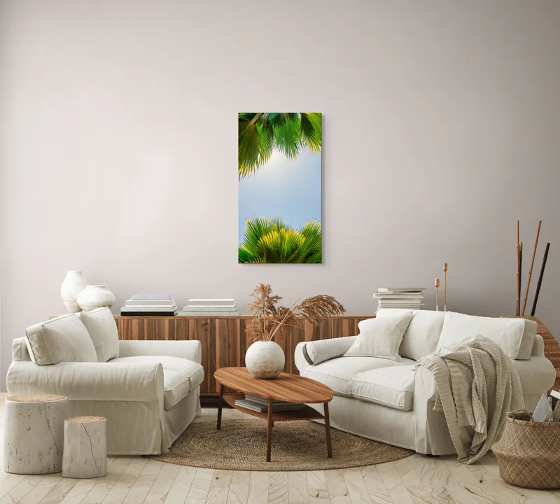 Tablou Canvas, "Frunzele palmierului in lumina soarelui", Frunze, Palmieri, Cer, Senin, Soare, Verde, Lumina, Vara, Tropical, Relaxare, 50 x 90 cm – poza 7