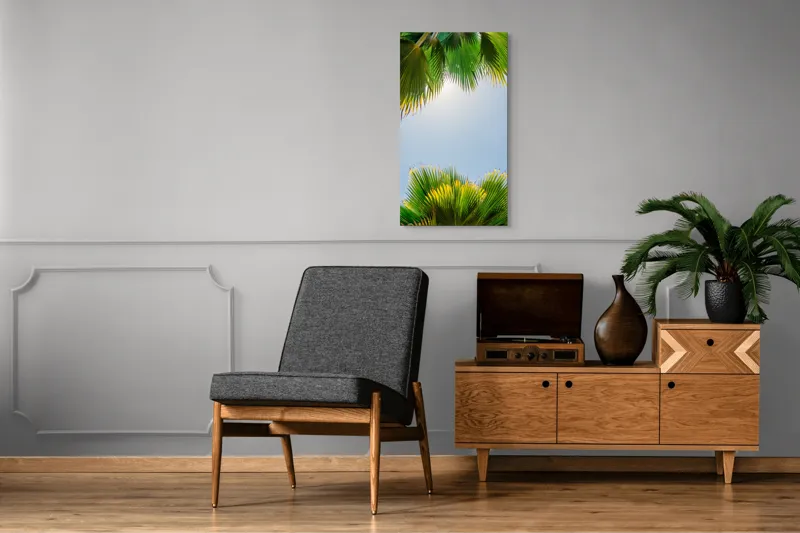 Tablou Canvas, "Frunzele palmierului in lumina soarelui", Frunze, Palmieri, Cer, Senin, Soare, Verde, Lumina, Vara, Tropical, Relaxare, 50 x 90 cm – poza 8