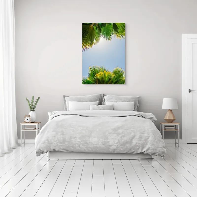 Tablou Canvas, "Frunzele palmierului in lumina soarelui", Frunze, Palmieri, Cer, Senin, Soare, Verde, Lumina, Vara, Tropical, Relaxare, 70 x 100 cm – poza 3