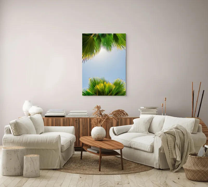 Tablou Canvas, "Frunzele palmierului in lumina soarelui", Frunze, Palmieri, Cer, Senin, Soare, Verde, Lumina, Vara, Tropical, Relaxare, 70 x 100 cm – poza 4