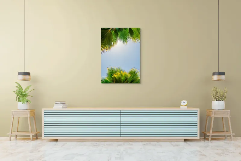 Tablou Canvas, "Frunzele palmierului in lumina soarelui", Frunze, Palmieri, Cer, Senin, Soare, Verde, Lumina, Vara, Tropical, Relaxare, 70 x 100 cm – poza 5