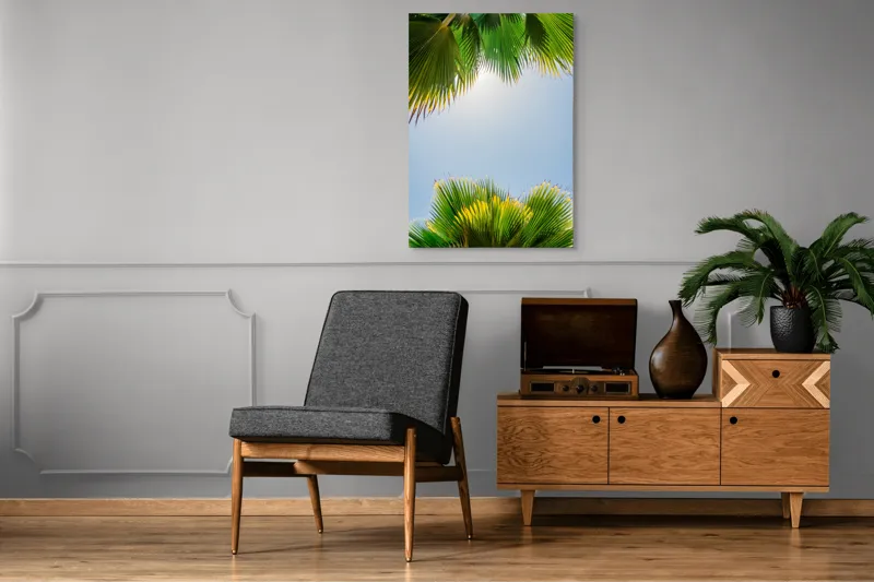 Tablou Canvas, "Frunzele palmierului in lumina soarelui", Frunze, Palmieri, Cer, Senin, Soare, Verde, Lumina, Vara, Tropical, Relaxare, 70 x 100 cm – poza 6