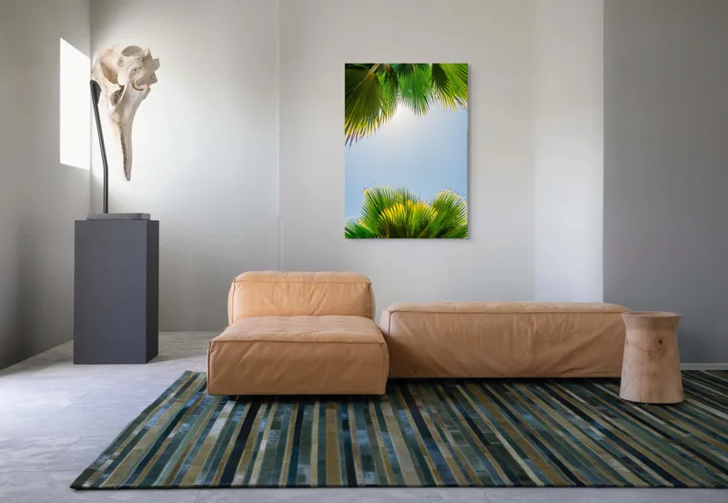 Tablou Canvas, "Frunzele palmierului in lumina soarelui", Frunze, Palmieri, Cer, Senin, Soare, Verde, Lumina, Vara, Tropical, Relaxare, 70 x 100 cm – poza 7