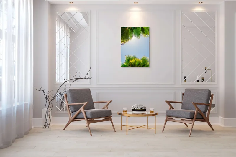 Tablou Canvas, "Frunzele palmierului in lumina soarelui", Frunze, Palmieri, Cer, Senin, Soare, Verde, Lumina, Vara, Tropical, Relaxare, 70 x 100 cm – poza 8