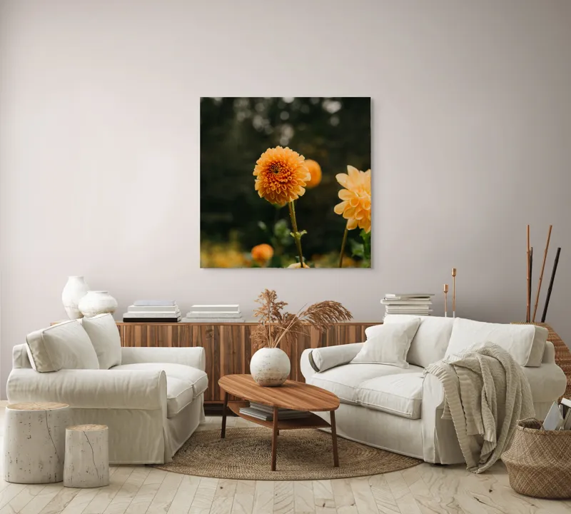 Tablou Canvas, "Galbenul florilor de toamnă liniștită", Florile, Galbene, Naturale, Vesele, Elegante, Strălucitoare, Proaspete, Fragede, Armonioase, Pline, Frumuseţe, Vegetaţie, Mediu, Împăduriţi., 100 x 100 cm – poza 3