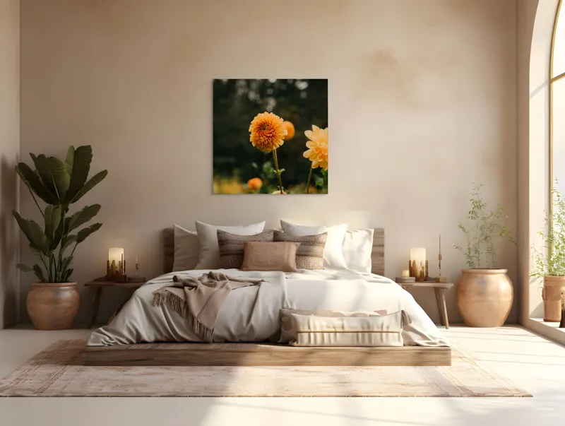 Tablou Canvas, "Galbenul florilor de toamnă liniștită", Florile, Galbene, Naturale, Vesele, Elegante, Strălucitoare, Proaspete, Fragede, Armonioase, Pline, Frumuseţe, Vegetaţie, Mediu, Împăduriţi., 100 x 100 cm – poza 4