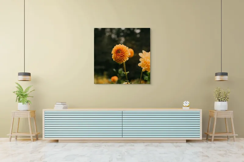 Tablou Canvas, "Galbenul florilor de toamnă liniștită", Florile, Galbene, Naturale, Vesele, Elegante, Strălucitoare, Proaspete, Fragede, Armonioase, Pline, Frumuseţe, Vegetaţie, Mediu, Împăduriţi., 100 x 100 cm – poza 5