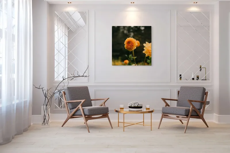 Tablou Canvas, "Galbenul florilor de toamnă liniștită", Florile, Galbene, Naturale, Vesele, Elegante, Strălucitoare, Proaspete, Fragede, Armonioase, Pline, Frumuseţe, Vegetaţie, Mediu, Împăduriţi., 100 x 100 cm – poza 7