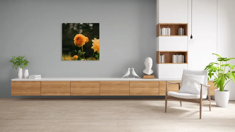 Tablou Canvas, "Galbenul florilor de toamnă liniștită", Florile, Galbene, Naturale, Vesele, Elegante, Strălucitoare, Proaspete, Fragede, Armonioase, Pline, Frumuseţe, Vegetaţie, Mediu, Împăduriţi., 100 x 100 cm – poza 8