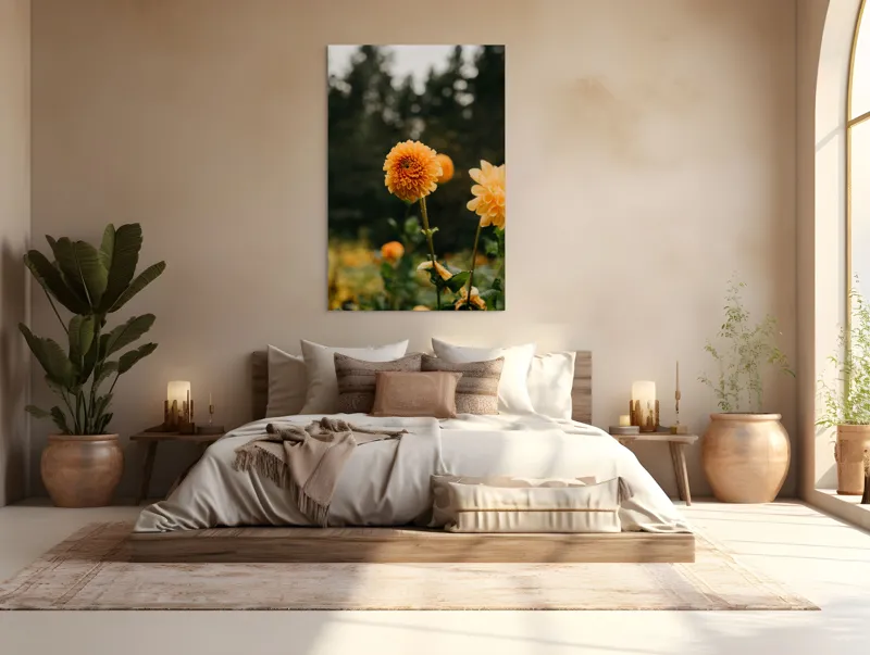 Tablou Canvas, "Galbenul florilor de toamnă liniștită", Florile, Galbene, Naturale, Vesele, Elegante, Strălucitoare, Proaspete, Fragede, Armonioase, Pline, Frumuseţe, Vegetaţie, Mediu, Împăduriţi., 100 x 150 cm – poza 3