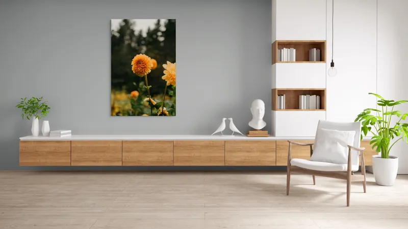 Tablou Canvas, "Galbenul florilor de toamnă liniștită", Florile, Galbene, Naturale, Vesele, Elegante, Strălucitoare, Proaspete, Fragede, Armonioase, Pline, Frumuseţe, Vegetaţie, Mediu, Împăduriţi., 100 x 150 cm – poza 8