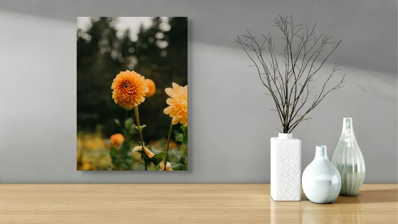 Tablou Canvas, "Galbenul florilor de toamnă liniștită", Florile, Galbene, Naturale, Vesele, Elegante, Strălucitoare, Proaspete, Fragede, Armonioase, Pline, Frumuseţe, Vegetaţie, Mediu, Împăduriţi., 39 x 54 cm – poza 4