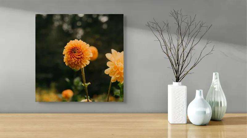 Tablou Canvas, "Galbenul florilor de toamnă liniștită", Florile, Galbene, Naturale, Vesele, Elegante, Strălucitoare, Proaspete, Fragede, Armonioase, Pline, Frumuseţe, Vegetaţie, Mediu, Împăduriţi., 50 x 50 cm – poza 3