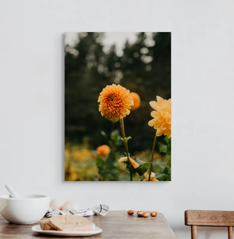 Tablou Canvas, "Galbenul florilor de toamnă liniștită", Florile, Galbene, Naturale, Vesele, Elegante, Strălucitoare, Proaspete, Fragede, Armonioase, Pline, Frumuseţe, Vegetaţie, Mediu, Împăduriţi., 50 x 70 cm – poza 3