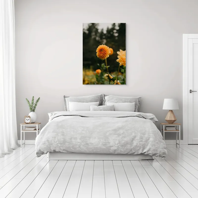 Tablou Canvas, "Galbenul florilor de toamnă liniștită", Florile, Galbene, Naturale, Vesele, Elegante, Strălucitoare, Proaspete, Fragede, Armonioase, Pline, Frumuseţe, Vegetaţie, Mediu, Împăduriţi., 70 x 100 cm – poza 3