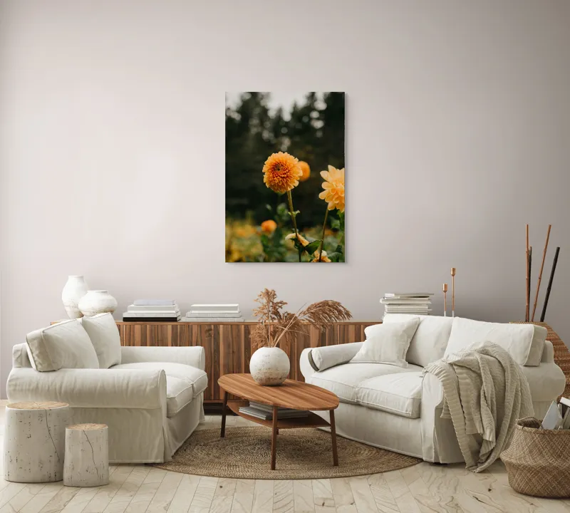 Tablou Canvas, "Galbenul florilor de toamnă liniștită", Florile, Galbene, Naturale, Vesele, Elegante, Strălucitoare, Proaspete, Fragede, Armonioase, Pline, Frumuseţe, Vegetaţie, Mediu, Împăduriţi., 70 x 100 cm – poza 4