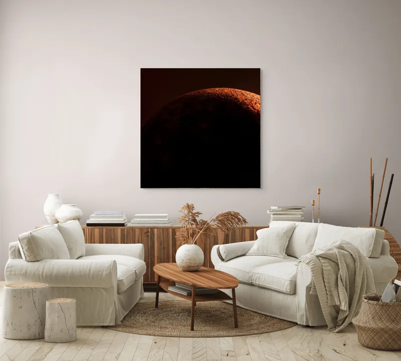 Tablou Canvas, "Umbră cosmică pe un cer roșu", Planeta, Umbre, Roșu, Mister, Suprafețe, Contrast, Lumină, Spațiu, 100 x 100 cm – poza 3